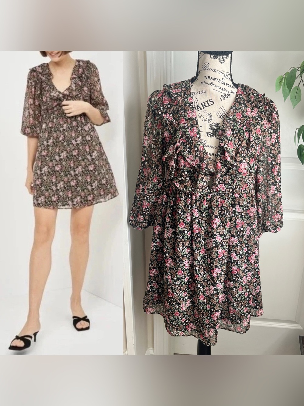 Zara Floral Ruffle Puff Sleeve Babydoll Mini Dress Black Sz XS
